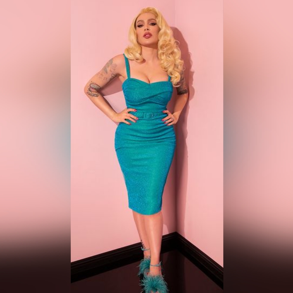 NWT Vixen By Micheline Pitt Jawbreaker Wiggle Dress In Teal Lurex